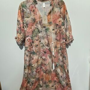 Zolucky Women's Multicolor Floral Puff Sleeve Ruffle Tassel Maxi Dress Small NWT